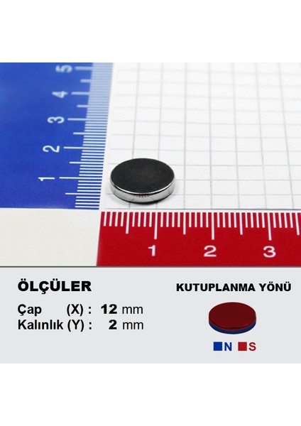 Neodyum Mıknatıs 12x2 Çap 12 mm Kalınlık 2 mm Çok Güçlü Mıknatıs 20'li