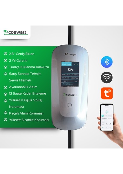 Elektrikli Araba Taşınabilir Şarj Cihazı 22 kw / 32A / Tip-2 / 5x32A Fiş / Trifaze / 5m / Çantalı / Ev Tipi Dönüştürücü Kablolu