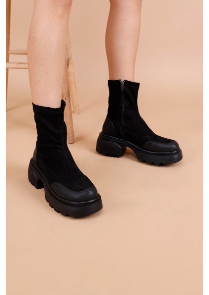 Honor Kadın Süet Dalgıç Kalın Topuklu Siyah Bot