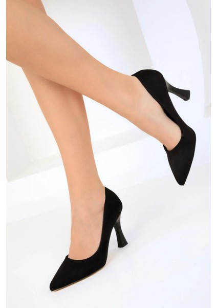 Kadın Siyah Süet Kadeh Topuk Sivri Burun Stiletto 7 cm