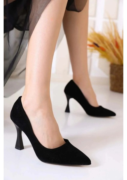 Kadın Siyah Süet Kadeh Topuk Sivri Burun Stiletto 7 cm