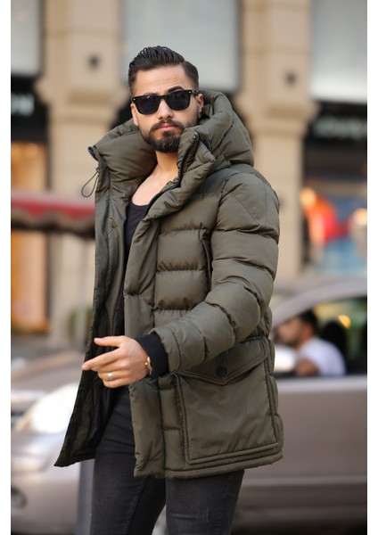 Erkek Kapşonlu Torba Cepli Kışlık Uzun Mont