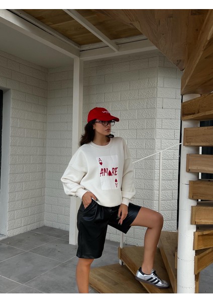 Kadın Ekru Baskılı Şardonlu 3 Iplik Pamuk Sweatshirt 28059 modelleri