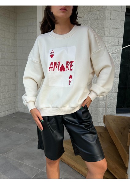 Kadın Ekru Baskılı Şardonlu 3 Iplik Pamuk Sweatshirt 28059 indirimleri