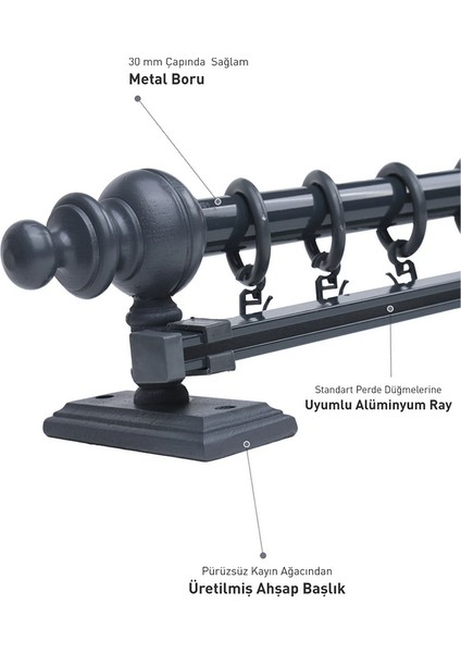 Antrasit Tek Raylı Ahşap Rustik Perde Askısı ve Alüminyum Rustik Borusu 100 cm