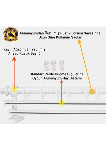 Beyaz Çift Raylı Ahşap Rustik Perde Askısı ve Alüminyum Rustik Borusu 100 cm