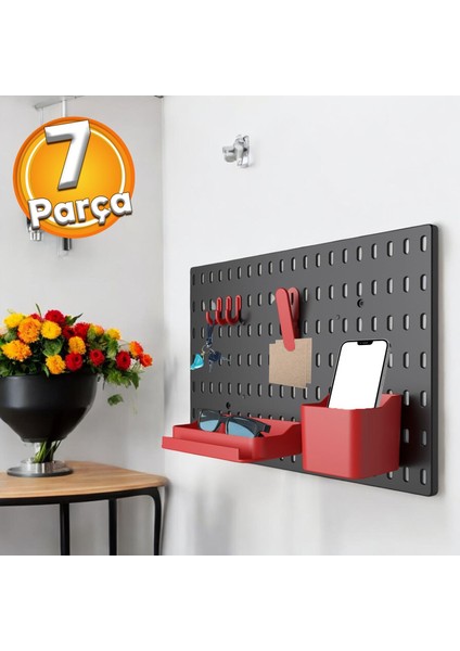 Plastik Delikli 7 Parçalı Organizer Siyah Kırmızı Çok Amaçlı Anahtarlık Pano Düzenleyici 40X28 cm