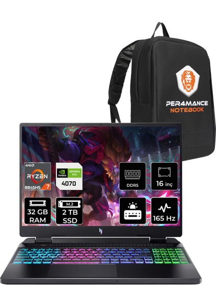 Nitro 16 Amd Ryzen 7 8845HS 32GB 2tb SSD RTX4070/8GB 140W 16" Qhd+ 165Hz Fdos Taşınabilir Bilgisayar & Per4 Çanta NHQSLEY001P319