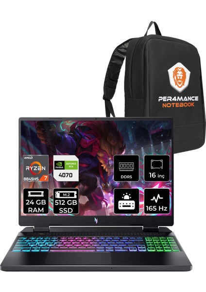 Nitro 16 Amd Ryzen 7 8845HS 24GB 512GB SSD RTX4070/8GB 140W 16" Qhd+ 165Hz Fdos Taşınabilir Bilgisayar & Per4 Çanta NHQSLEY001P312