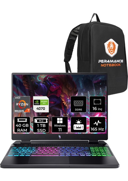 Nitro 16 Amd Ryzen 7 8845HS 40GB 1tb SSD RTX4070/8GB 140W 16" Qhd+ 165Hz W11H Taşınabilir Bilgisayar & Per4 Çanta NHQSLEY001P363