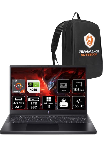 Nitro V 15 Amd Ryzen 7 7735HS 40GB 1tb SSD RTX4060/8GB 15.6" Fhd 165Hz W11H Taşınabilir Bilgisayar & Per4 Çanta NHQSFEY003P363