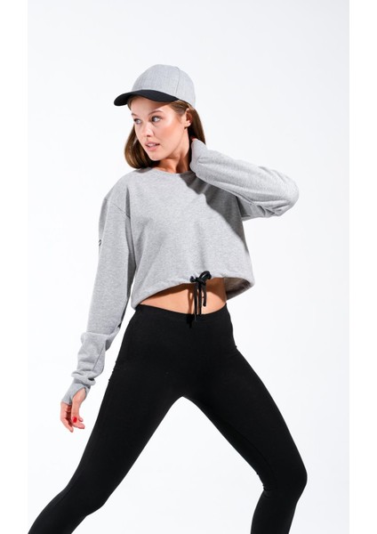 724501_SIGNATURE Style Kadın Kordon Bağlamalı Yuvarlak Yaka Crop Sweatshirt Gri Melanj