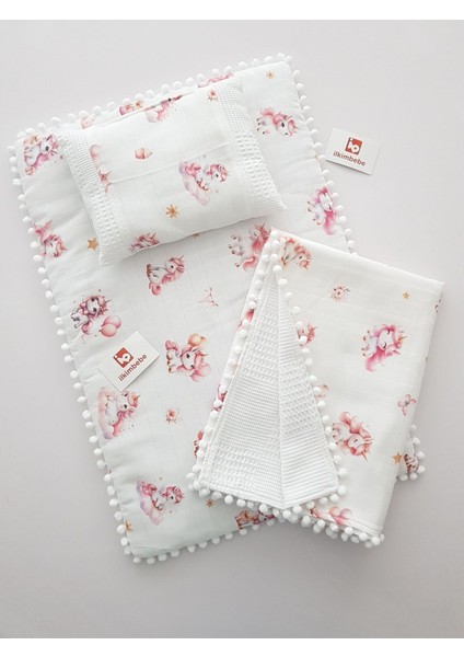 Battaniyeli Bebek Alt Açma Seti, Minderi , Müslin, Bebek Yastığı, Yenidoğan, Beşik , Bebek Ürünleri