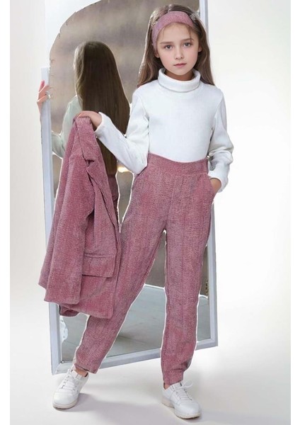 Kız Çocuk Fitilli Boğazlı Kazak Hakim Yaka Ceket Kadife Pantolon Gül Kurusu Alt Üst Takım fiyatları