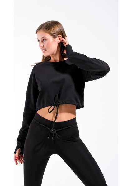 724501_SIGNATURE Style Kadın Kordon Bağlamalı Yuvarlak Yaka Crop Sweatshirt Siyah