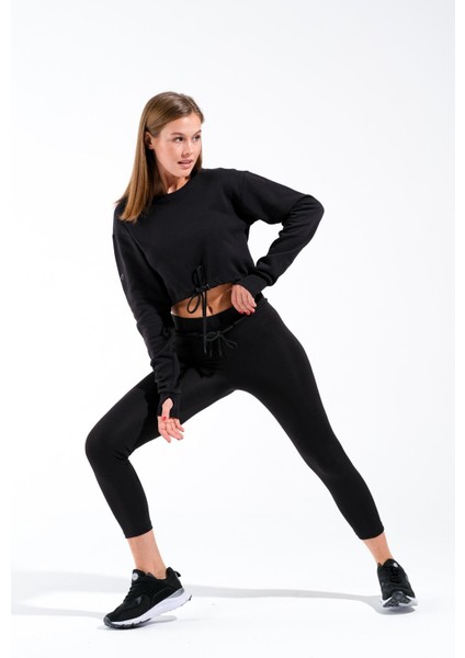 724501_SIGNATURE Style Kadın Kordon Bağlamalı Yuvarlak Yaka Crop Sweatshirt Siyah fiyatları