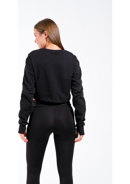 724501_SIGNATURE Style Kadın Kordon Bağlamalı Yuvarlak Yaka Crop Sweatshirt Siyah fırsatları