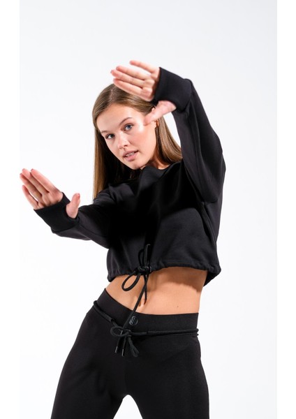 724501_SIGNATURE Style Kadın Kordon Bağlamalı Yuvarlak Yaka Crop Sweatshirt Siyah indirimleri