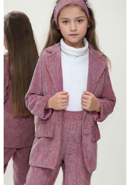 Kız Çocuk Fitilli Boğazlı Kazak Hakim Yaka Ceket Kadife Pantolon Gül Kurusu Alt Üst Takım modelleri