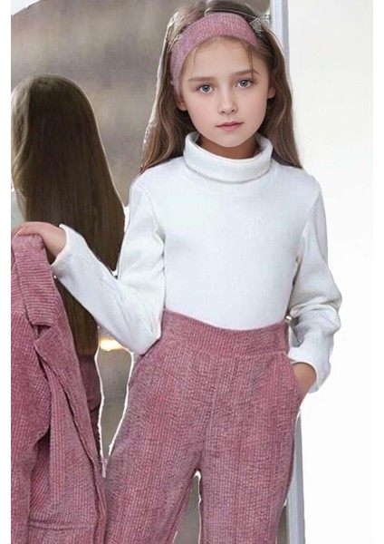 Kız Çocuk Fitilli Boğazlı Kazak Hakim Yaka Ceket Kadife Pantolon Gül Kurusu Alt Üst Takım fırsatları