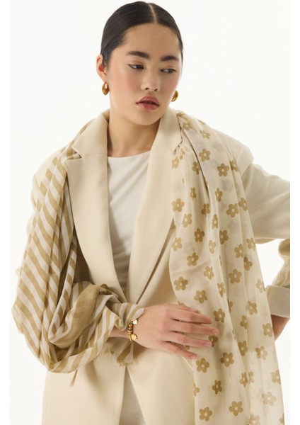 Lenora Çizgili Papatya Desen Haki Pamuklu Şal