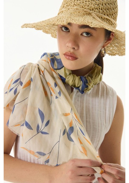 Ivy Çizgi Yaprak Desen Haki Pamuklu Şal