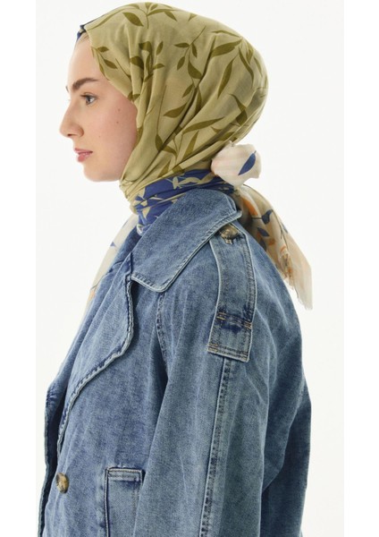 Ivy Çizgi Yaprak Desen Haki Pamuklu Şal indirimleri