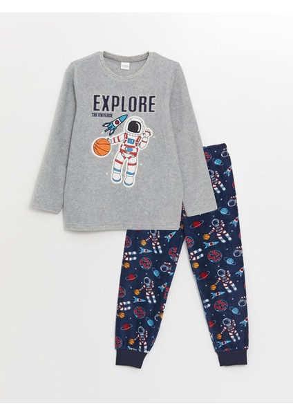 Lcw Kids Bisiklet Yaka Baskılı Uzun Kollu Polar Erkek Çocuk Pijama Takımı