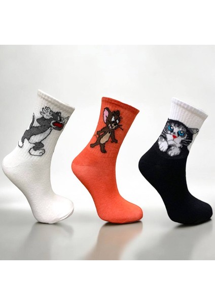 3'lü Set Tom&jerry ve Yavru Kedi Temalı Kolej Çorap