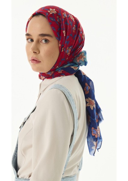 Rose Çiçek Desen Mint-Lacivert Pamuklu Şal