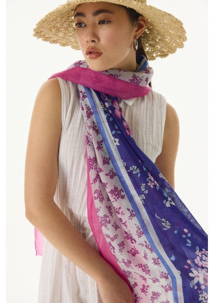 Lilac Çiçek Desen Morcivert Pamuklu Şal