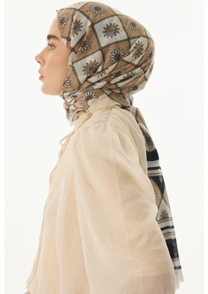 Edna Etnik Desen Siyah-Bej Pamuklu Şal