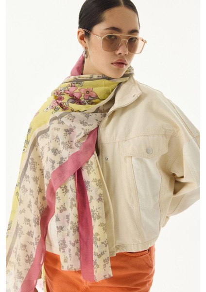 Lilac Çiçek Desen Turkuaz Pamuklu Şal