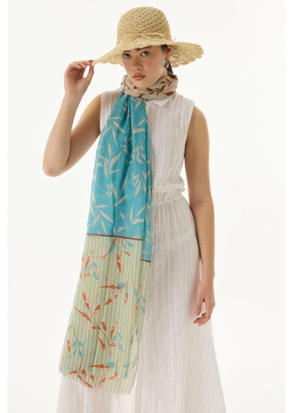 Ivy Çizgi Yaprak Desen Turkuaz Pamuklu Şal