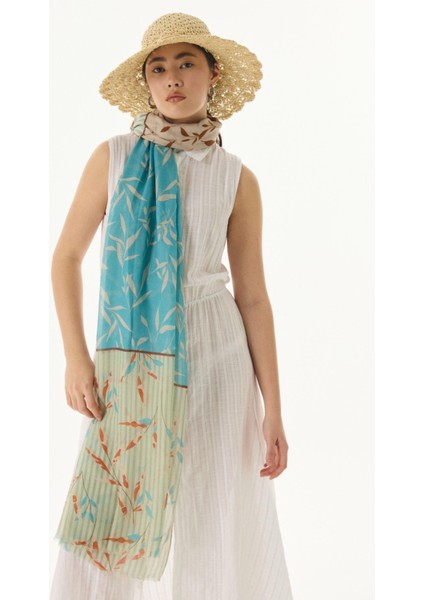 Ivy Çizgi Yaprak Desen Turkuaz Pamuklu Şal modelleri