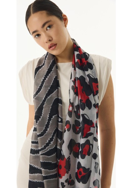 Amber Dalga Desen Sarı-Gri Pamuklu Şal