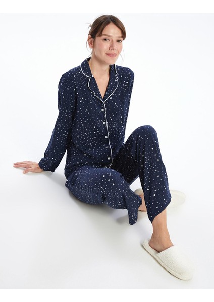Lcw Dream Baskılı Gömlek Yaka Baskılı Uzun Kollu Kadın Pijama Takımı