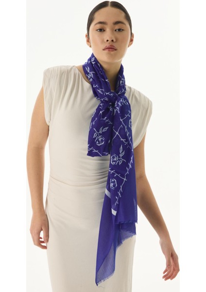 Berry Rose Desen Saks Mavi Pamuklu Şal