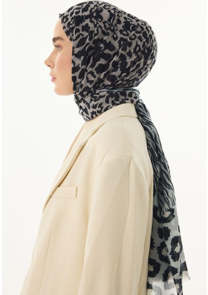 Gale Leopar Zebra Desen Bej Pamuklu Şal