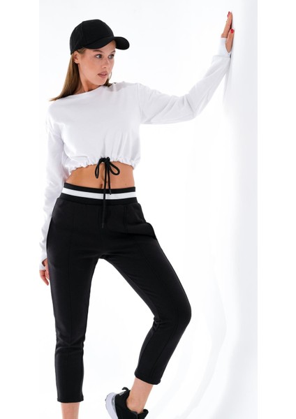 724501_SIGNATURE Style Kadın Kordon Bağlamalı Yuvarlak Yaka Crop Sweatshirt Beyaz