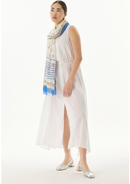 Terra Okyanus Desen Krem-Mavi Pembe Pamuklu Şal