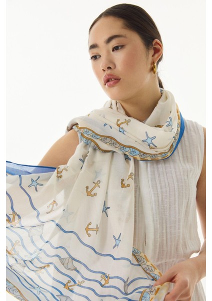 Terra Okyanus Desen Krem-Mavi Pembe Pamuklu Şal modelleri