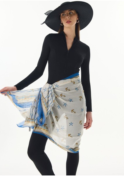 Terra Okyanus Desen Krem-Mavi Pembe Pamuklu Şal indirimleri