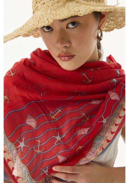 Terra Okyanus Desen Kırmızı Pamuklu Şal