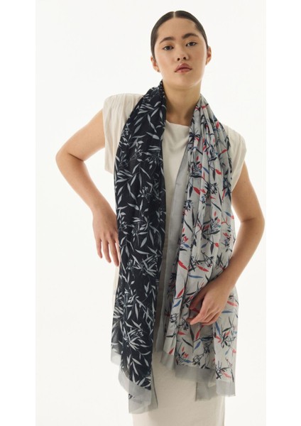 Zeyn Zeytin Yaprak’ı Desenli Siyah-Gri Pamuklu Şal