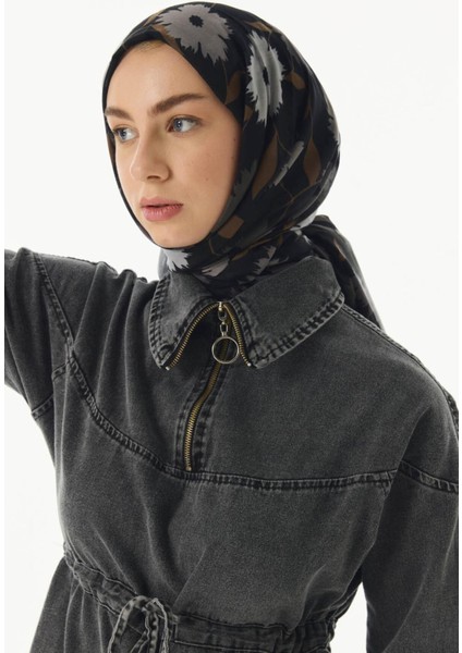 Ella Çiçek Desen Siyah Pamuklu Şal