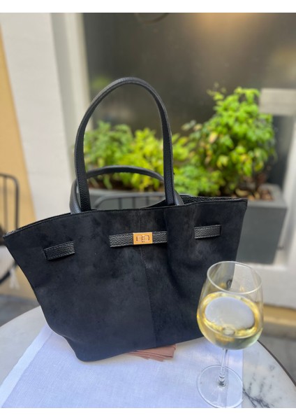 Karen Süet Toka Detaylı Siyah Kadın Çanta