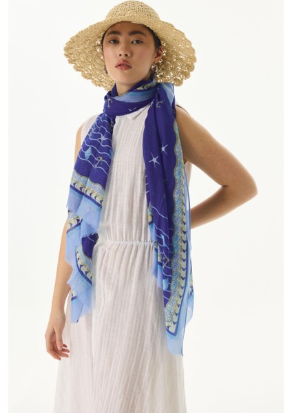 Terra Okyanus Desen Saks Mavi Pamuklu Şal