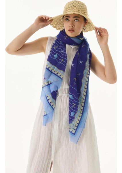 Terra Okyanus Desen Saks Mavi Pamuklu Şal fiyatları