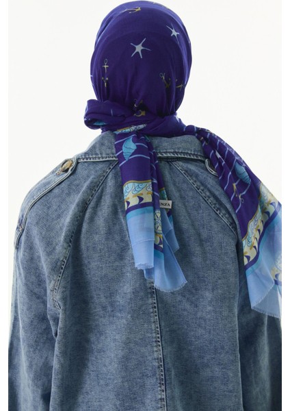 Terra Okyanus Desen Saks Mavi Pamuklu Şal indirimleri